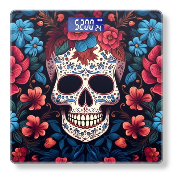 Bathroom Scale, Highly Accurate Digital Body Scale,Precisely Measures Weight up to 400 lbs-Intricate Skull Surrounded By Vibrant Flowers