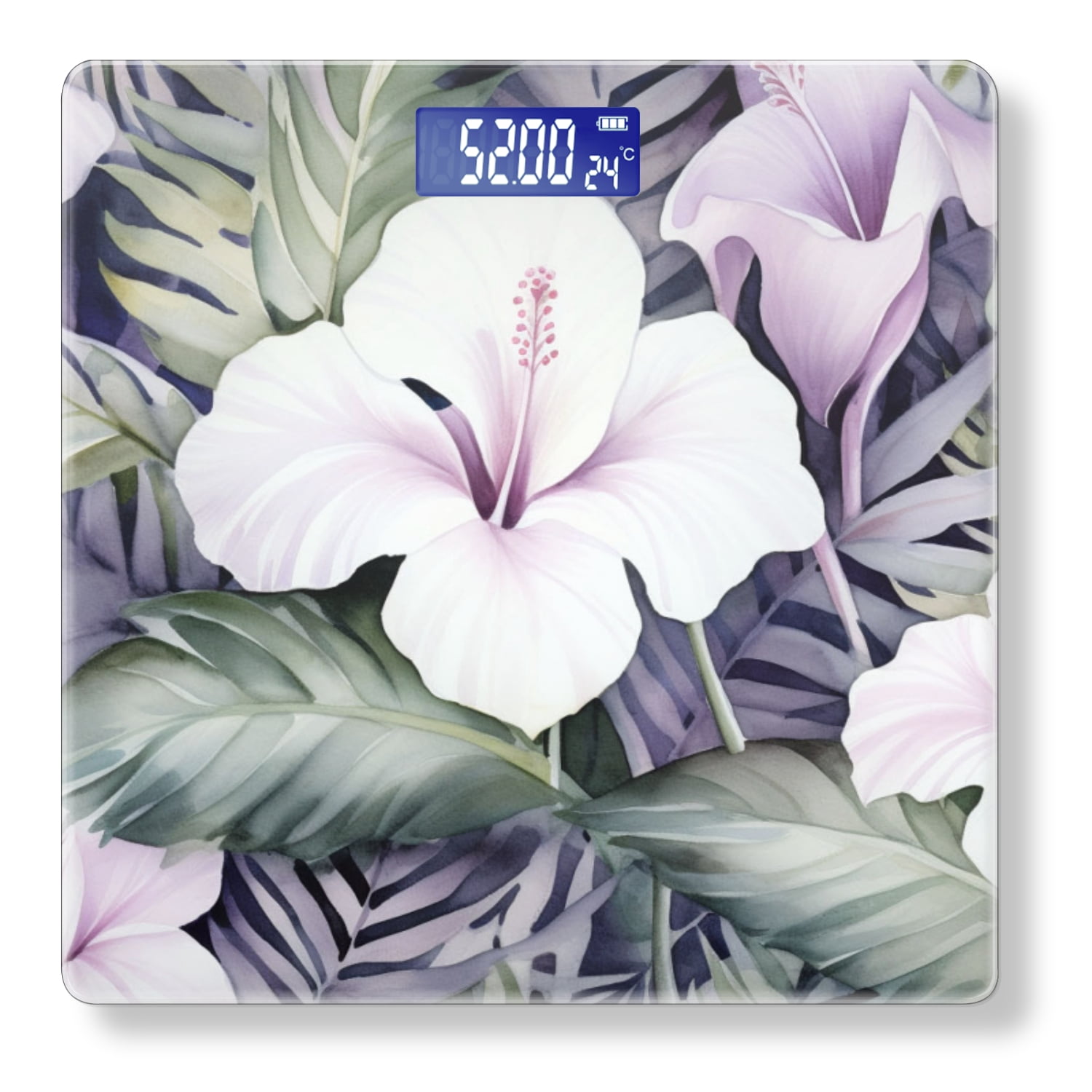 Bathroom Scale, Highly Accurate Digital Body Scale,Precisely Measures Weight up to 400 lbs-Large White Hibiscus Flowers And Tropical Leaves