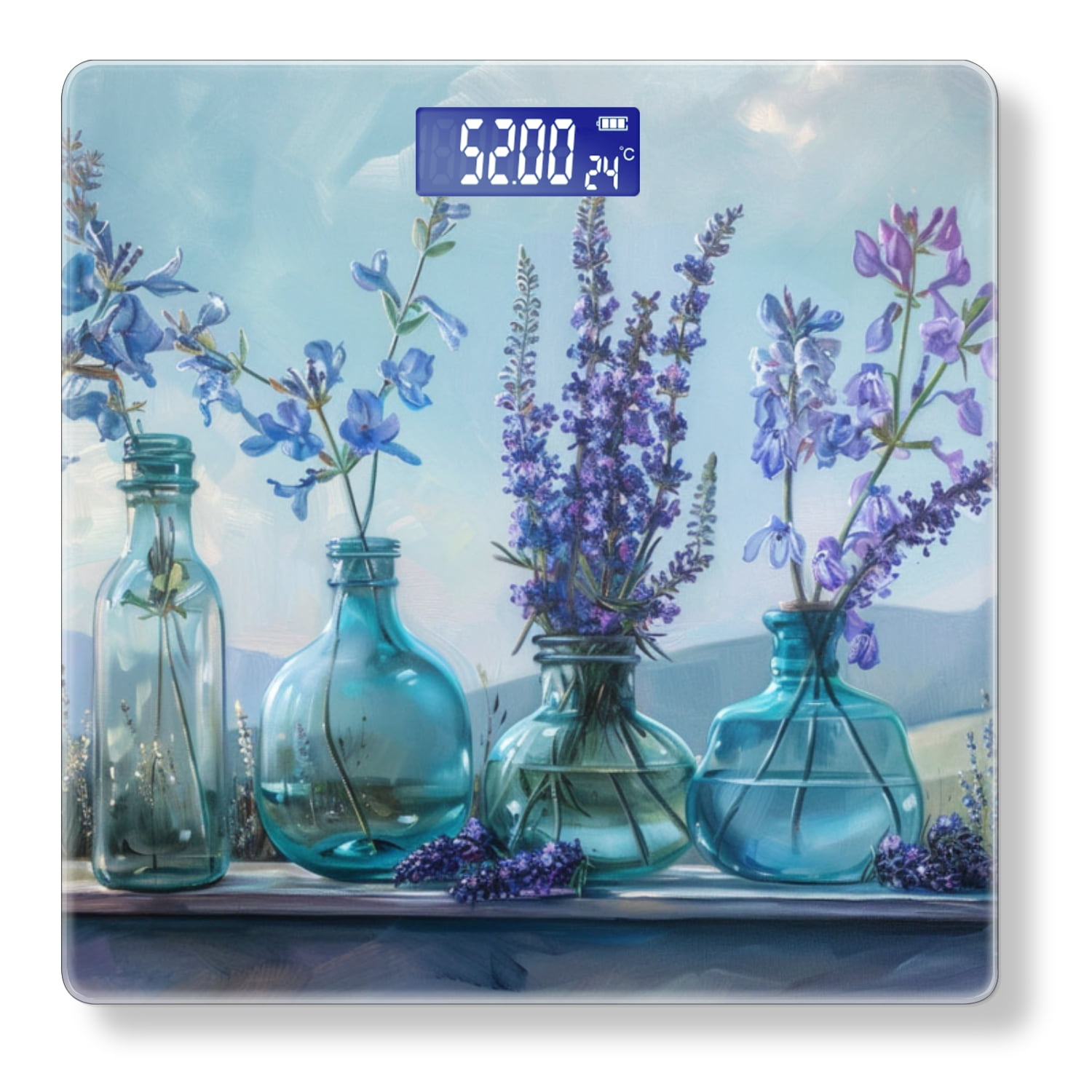 Bathroom Scale, Highly Accurate Digital Body Scale,Precisely Measures Weight up to 400 lbs-Lavender And Bluebells In Glass Vases On Shelf