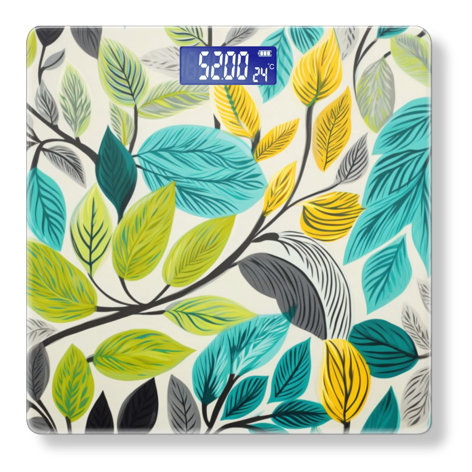 Bathroom Scale, Highly Accurate Digital Body Scale,Precisely Measures Weight up to 400 lbs-Leaves And Branches In Teal On White Background