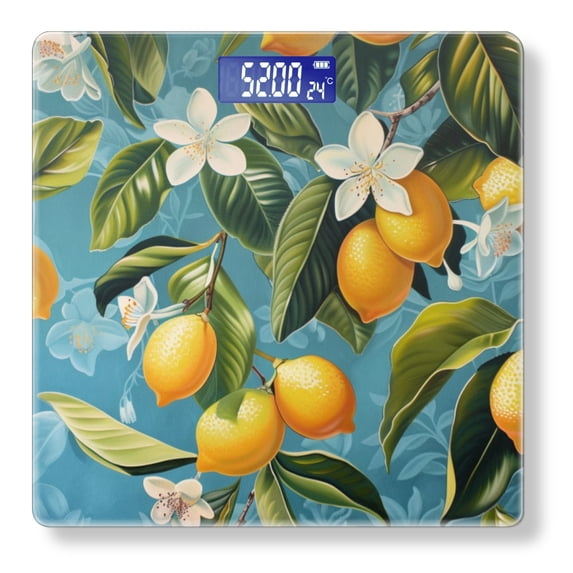 Bathroom Scale, Highly Accurate Digital Body Scale,Precisely Measures Weight up to 400 lbs-Lemon And Flowers On Blue Background