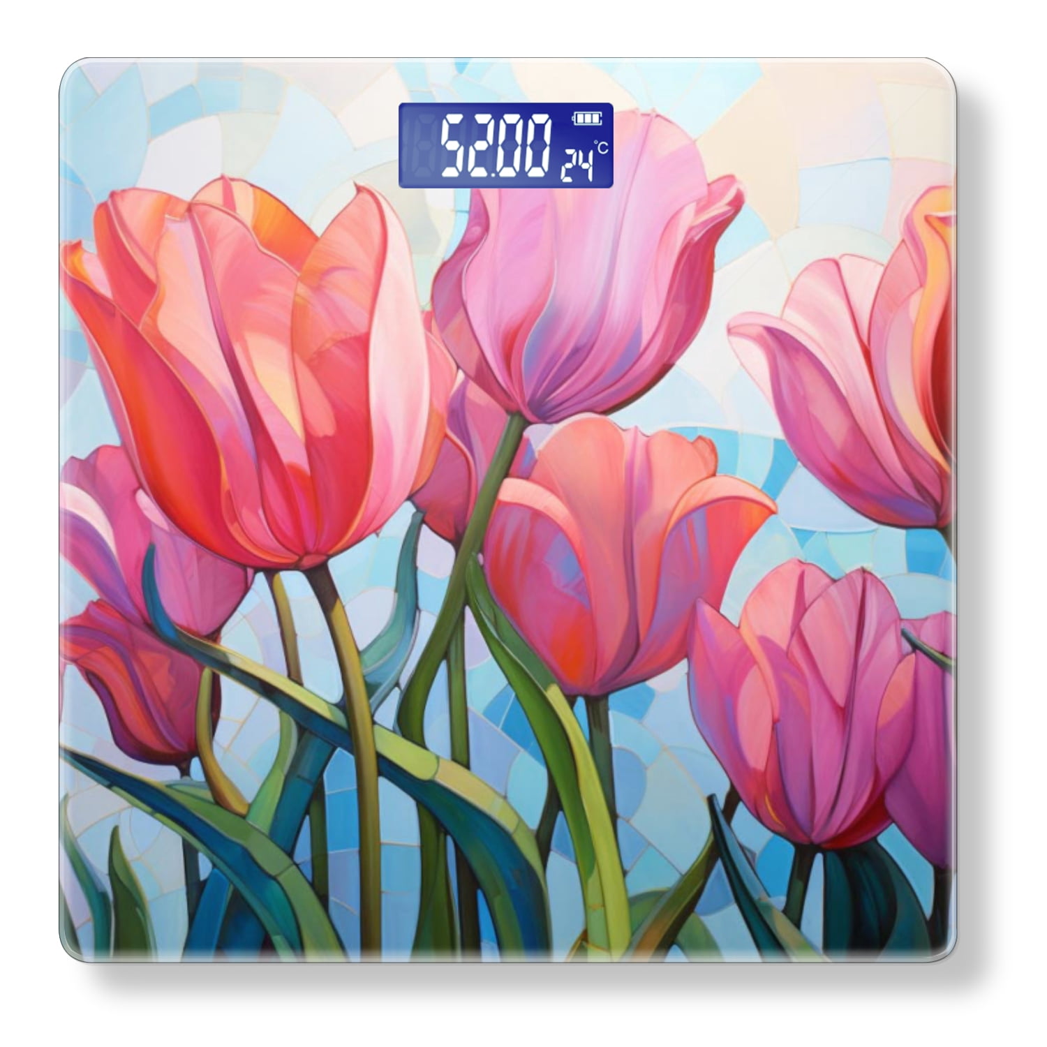 Bathroom Scale, Highly Accurate Digital Body Scale,Precisely Measures Weight up to 400 lbs-Oil Painting Of Pink Tulips In The Mosaic Style