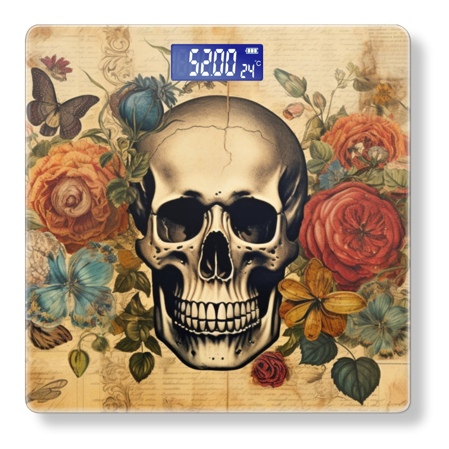 Bathroom Scale, Highly Accurate Digital Body Scale,Precisely Measures Weight up to 400 lbs-Old-Fashioned Skull Surrounded By Flowers And Butterflies,