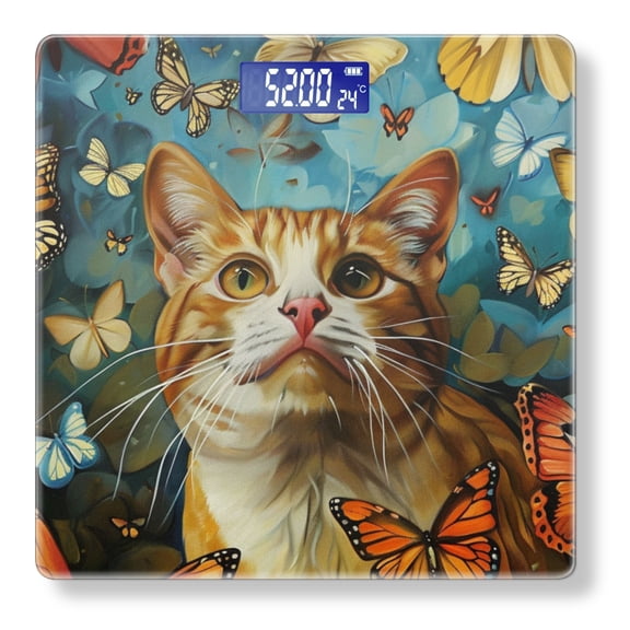 Bathroom Scale, Highly Accurate Digital Body Scale,Precisely Measures Weight up to 400 lbs-Orange And White Cat Surrounded By Butterflies