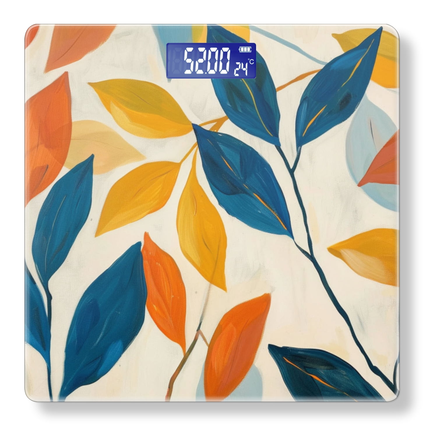 Bathroom Scale, Highly Accurate Digital Body Scale,Precisely Measures Weight up to 400 lbs-Painting Of Leaves In Blue And Yellow On White Background