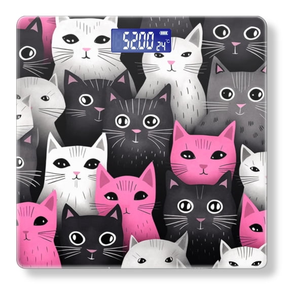 Bathroom Scale, Highly Accurate Digital Body Scale,Precisely Measures Weight up to 400 lbs-Pink And White Cartoon Cats With Large Eyes