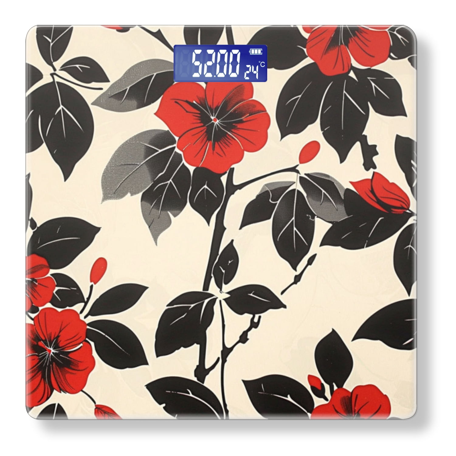 Bathroom Scale, Highly Accurate Digital Body Scale,Precisely Measures Weight up to 400 lbs-Red And Black Floral Design On Cream Background