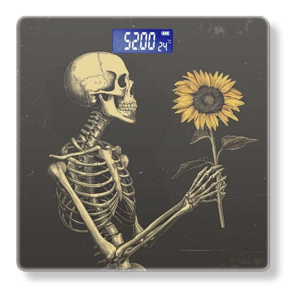 Bathroom Scale, Highly Accurate Digital Body Scale,Precisely Measures Weight up to 400 lbs-Skeleton Holding Sunflower With Dark Background