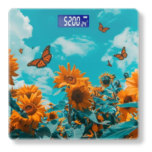 Bathroom Scale, Highly Accurate Digital Body Scale,Precisely Measures Weight up to 400 lbs-Sunflowers And Butterflies In The Sky With Blue Sky