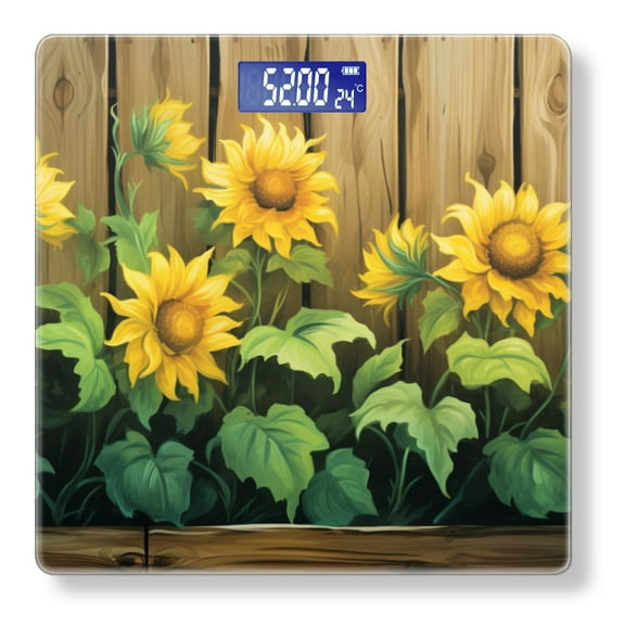 Bathroom Scale, Highly Accurate Digital Body Scale,Precisely Measures Weight up to 400 lbs-Sunflowers In Wooden Fence Background