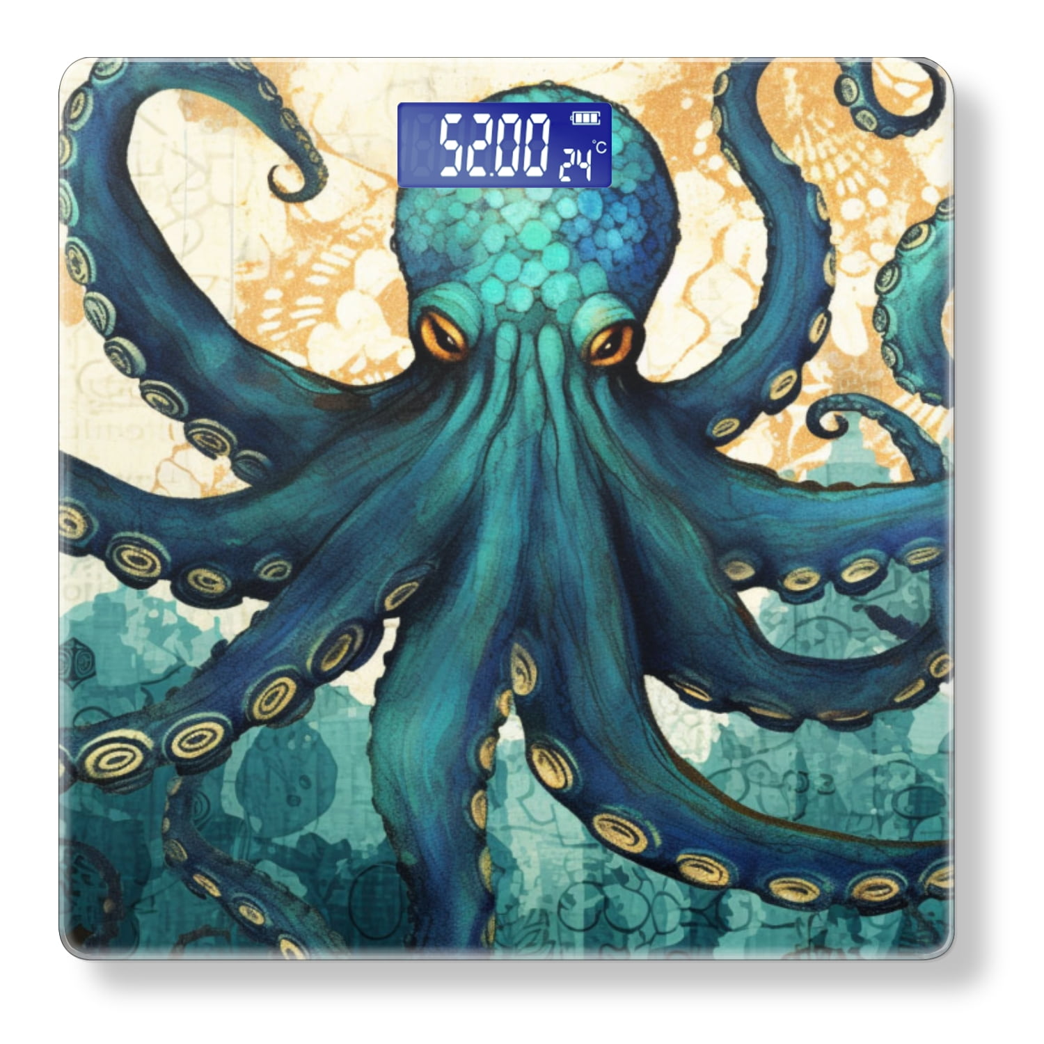 Bathroom Scale, Highly Accurate Digital Body Scale,Precisely Measures Weight up to 400 lbs-Teal Octopus With Intricate Patterns On Tentacles
