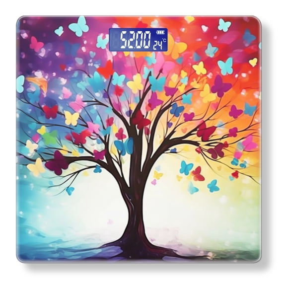 Bathroom Scale, Highly Accurate Digital Body Scale,Precisely Measures Weight up to 400 lbs-Tree With Colorful Butterflies With Bright Colors