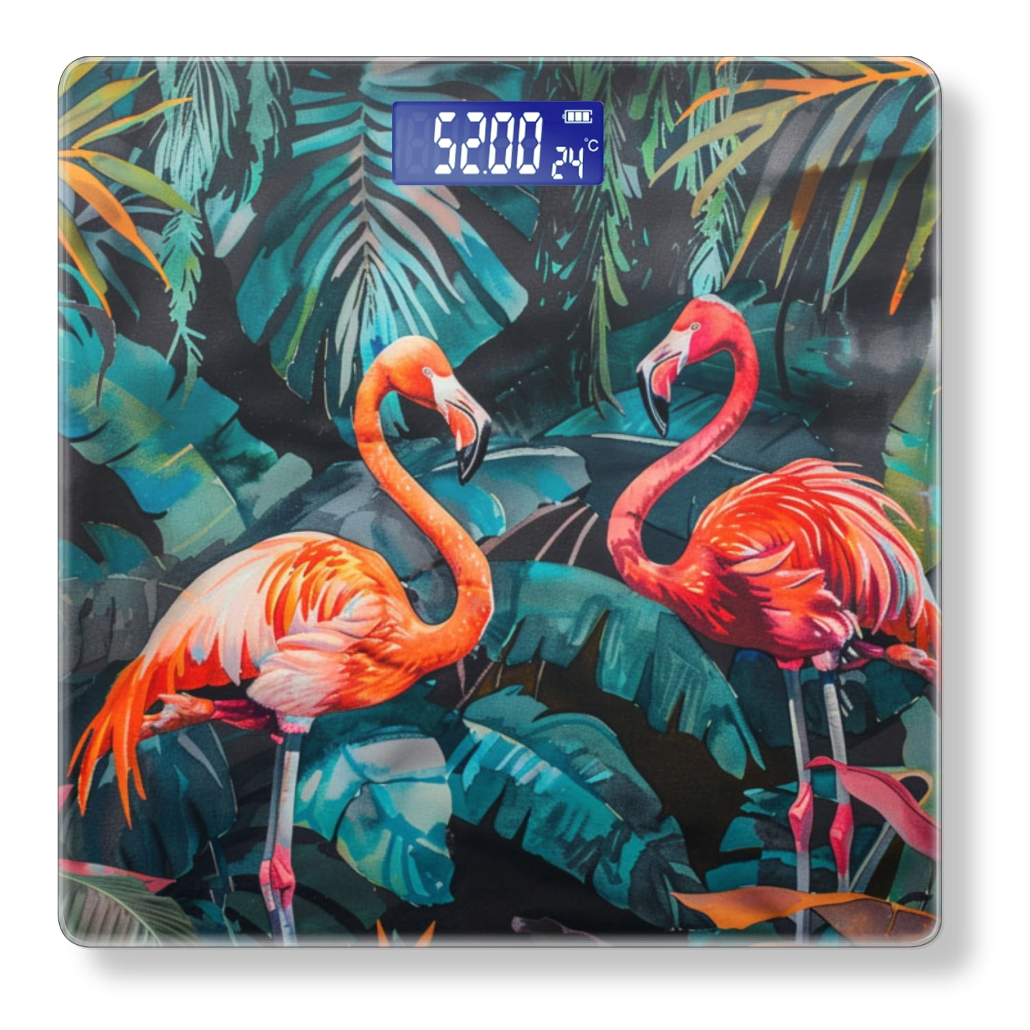 Bathroom Scale, Highly Accurate Digital Body Scale,Precisely Measures Weight up to 400 lbs-Tropical Jungle, Two Pink Flamingos In Black Background