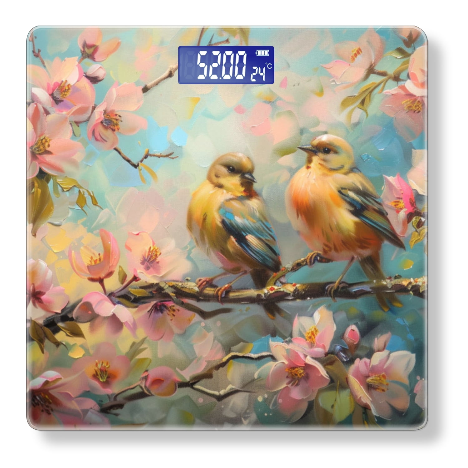 Bathroom Scale, Highly Accurate Digital Body Scale,Precisely Measures Weight up to 400 lbs-Two Birds Perched On Branch And Surrounded By Pink Flowers