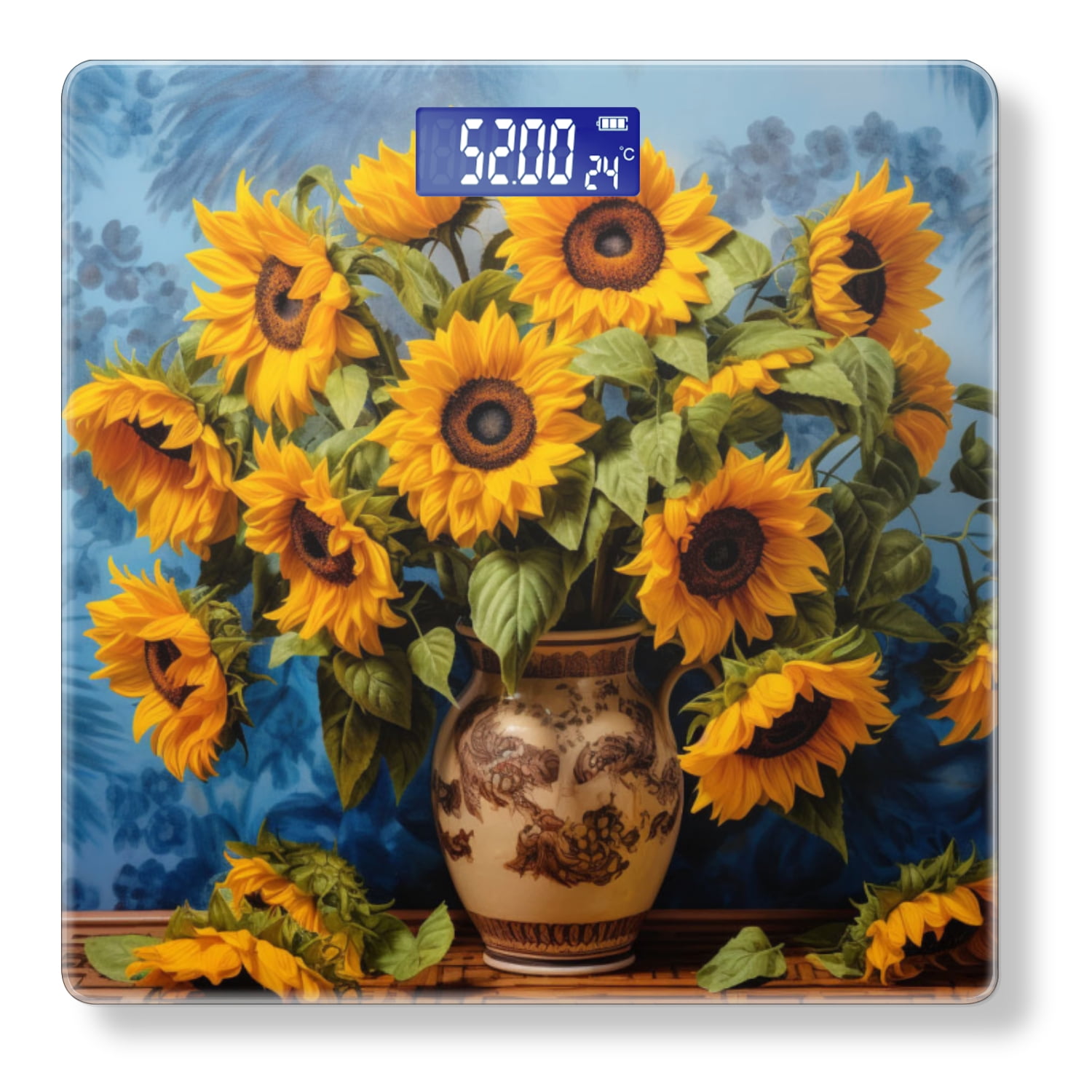 Bathroom Scale, Highly Accurate Digital Body Scale,Precisely Measures Weight up to 400 lbs-Vase Of Sunflowers Against Antique Blue Wall