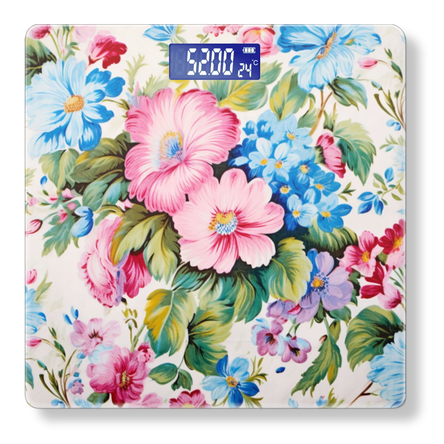 Bathroom Scale, Highly Accurate Digital Body Scale,Precisely Measures Weight up to 400 lbs-Vintage Floral Pattern Featuring Pink And Blue Flowers