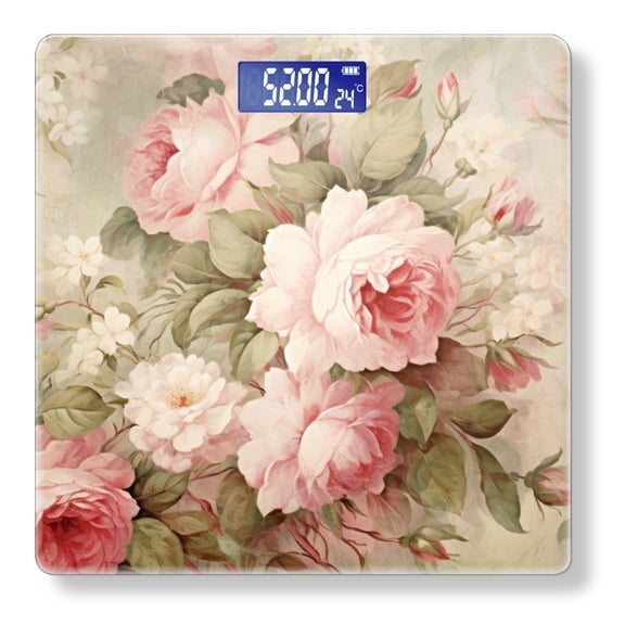 Bathroom Scale, Highly Accurate Digital Body Scale,Precisely Measures Weight up to 400 lbs-Vintage Floral With Pink Roses And White Blossoms
