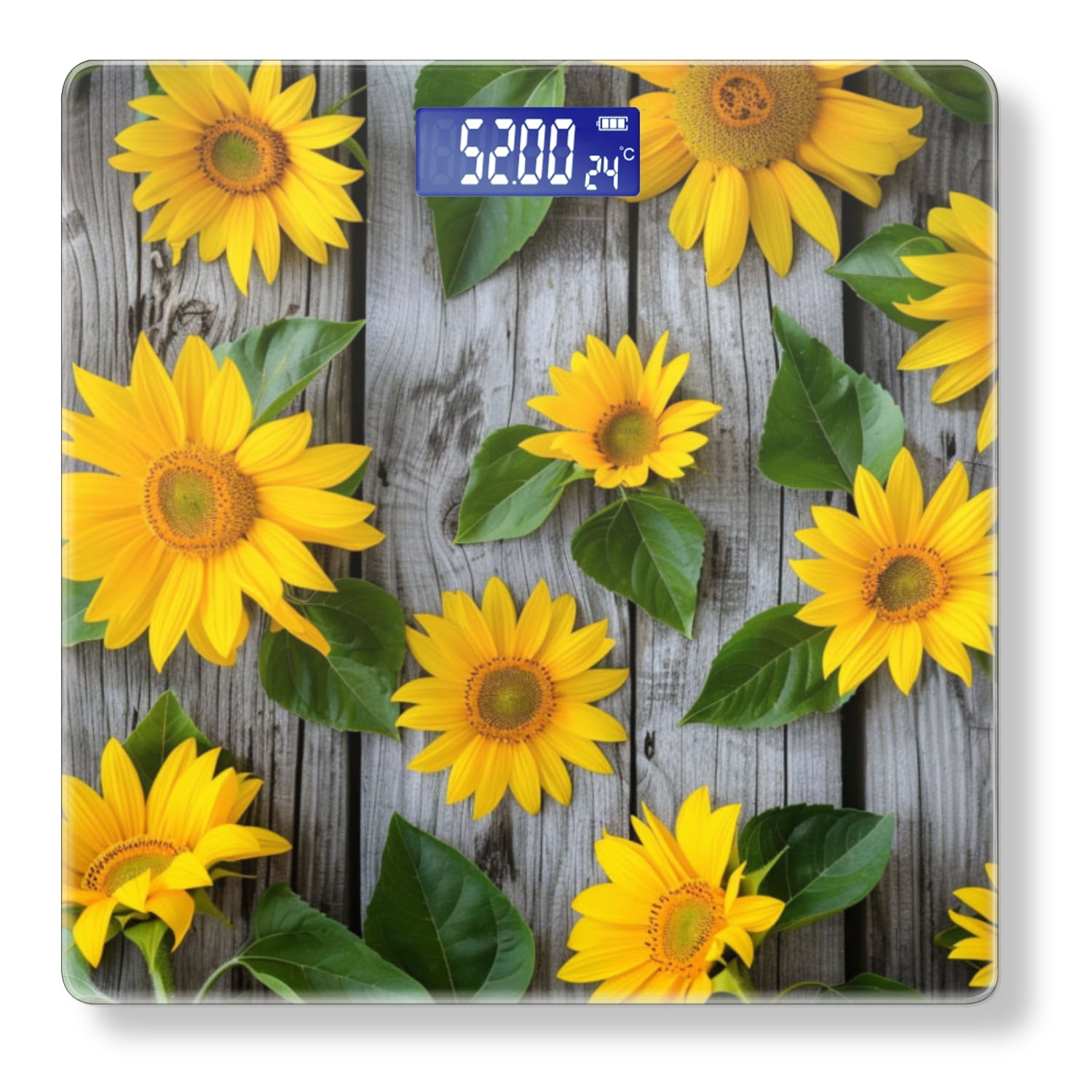 Bathroom Scale, Highly Accurate Digital Body Scale,Precisely Measures Weight up to 400 lbs-Wall Of Sunflowers With Green Leaves On Wooden Background