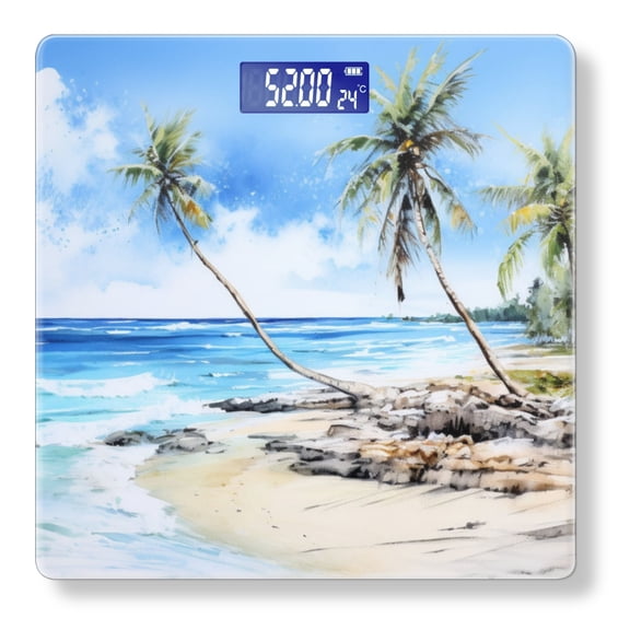 Bathroom Scale, Highly Accurate Digital Body Scale,Precisely Measures Weight up to 400 lbs-Watercolor Beach Scene With Palm Trees And Waves