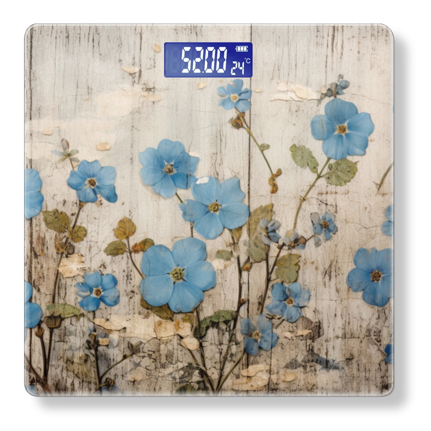 Bathroom Scale, Highly Accurate Digital Body Scale,Precisely Measures Weight up to 400 lbs-Weathered Wooden Wall With Pressed Blue Flowers
