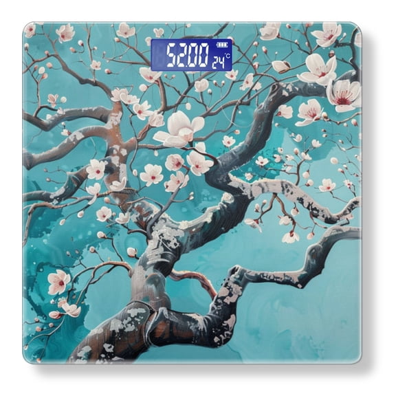 Bathroom Scale, Highly Accurate Digital Body Scale,Precisely Measures Weight up to 400 lbs-White Blossoms Against Turquoise Background