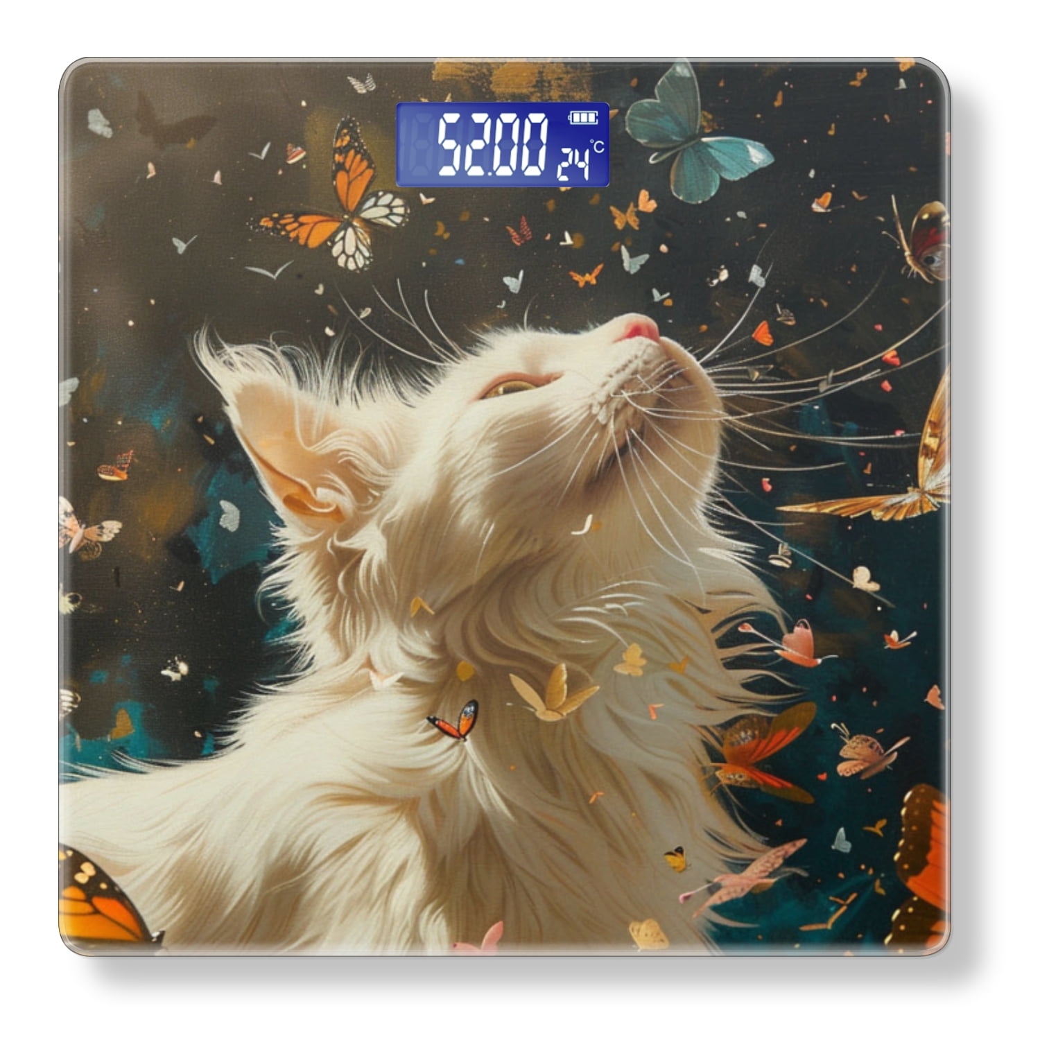 Bathroom Scale, Highly Accurate Digital Body Scale,Precisely Measures Weight up to 400 lbs-White Cat Surrounded By Butterflies Of Fantasy Art