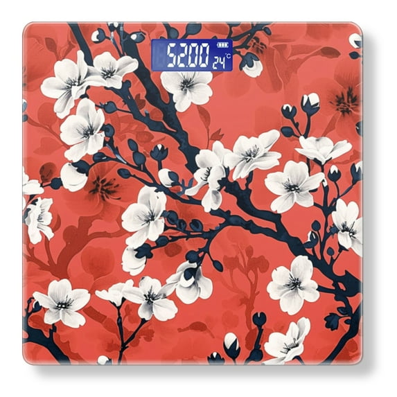 Bathroom Scale, Highly Accurate Digital Body Scale,Precisely Measures Weight up to 400 lbs-White Flowers On Cherry Blossoms Against Orange Background