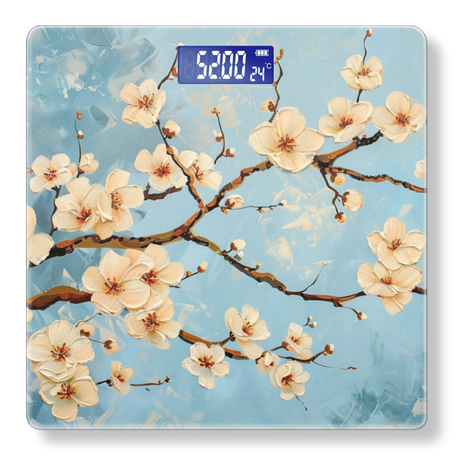Bathroom Scale, Highly Accurate Digital Body Scale,Precisely Measures Weight up to 400 lbs-White Flowers On The Branches Against Sky-Blue Background