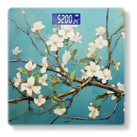 Bathroom Scale, Highly Accurate Digital Body Scale,Precisely Measures Weight up to 400 lbs-White Flowers On Tree Branches In Aqua Background