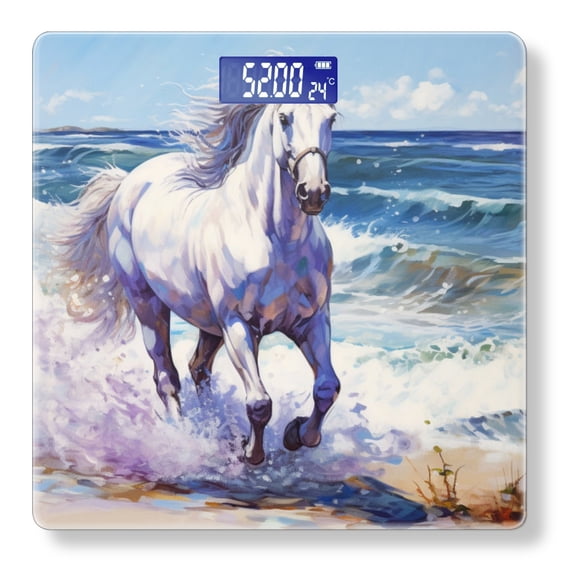 Bathroom Scale, Highly Accurate Digital Body Scale,Precisely Measures Weight up to 400 lbs-White Horse Is Running On The Beach With Waves Crashing