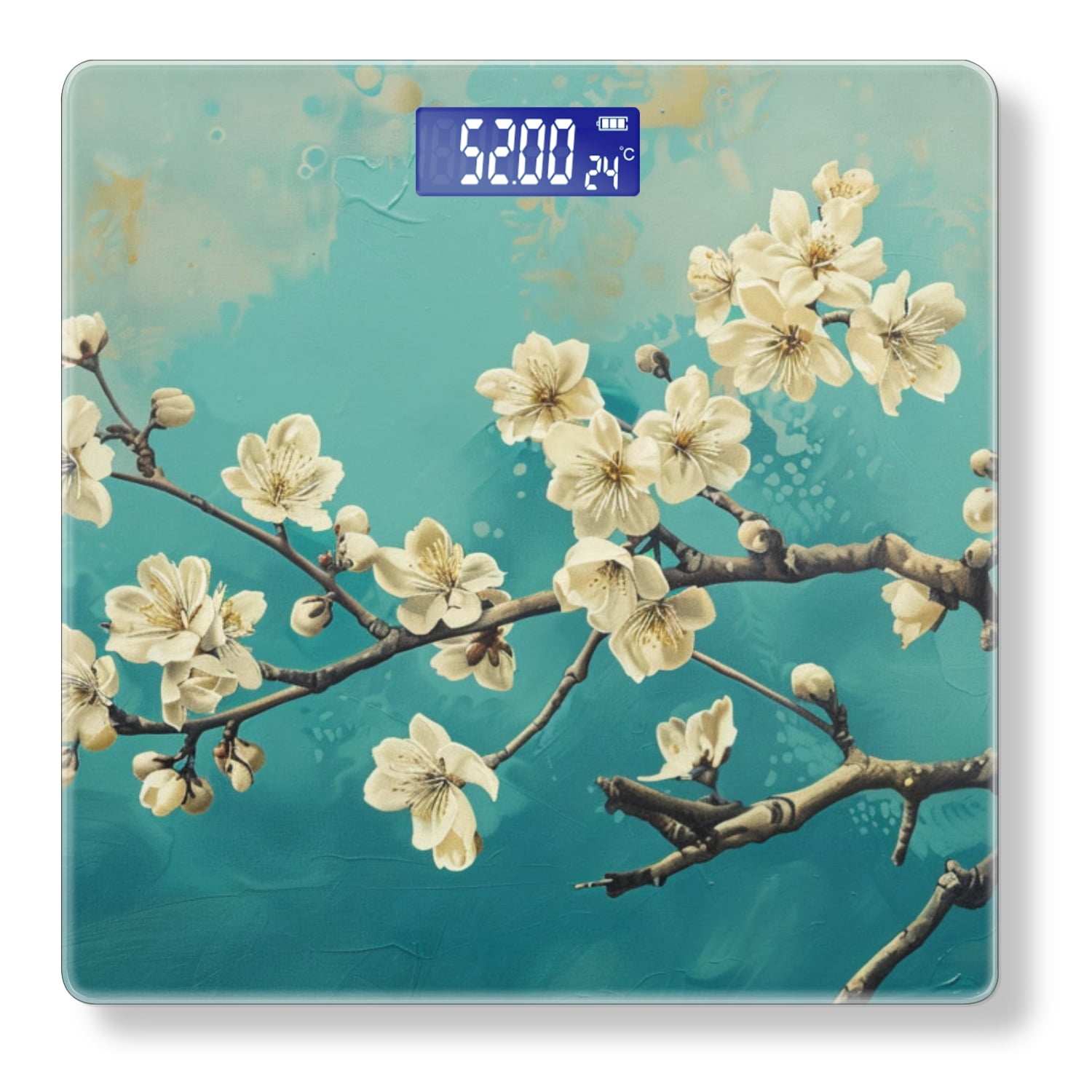 Bathroom Scale, Highly Accurate Digital Body Scale,Precisely Measures Weight up to 400 lbs-White Plum Blossoms On Turquoise Background