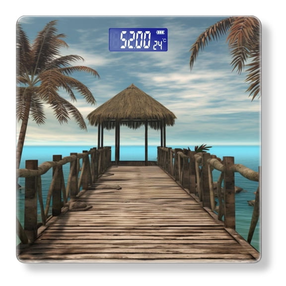 Bathroom Scale, Highly Accurate Digital Body Scale,Precisely Measures Weight up to 400 lbs-Wooden Pier With Palm Trees And Thatched Roof