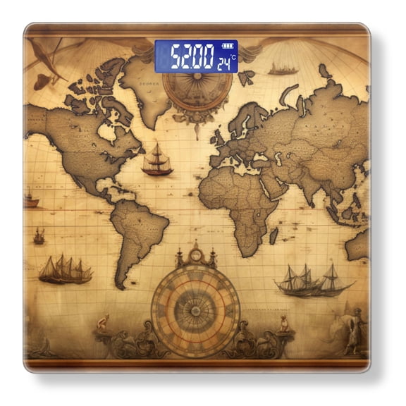 Bathroom Scale, Highly Accurate Digital Body Scale,Precisely Measures Weight up to 400 lbs-World Map With Old-Fashioned Compass And Ships