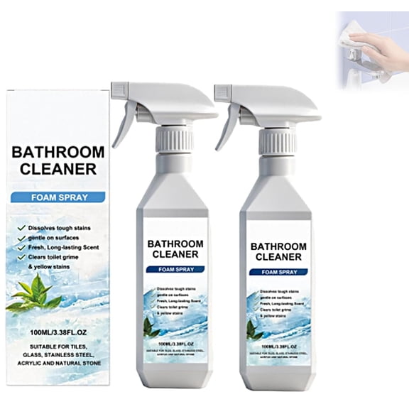 Scale Remover Bathroom Cleaner, Foam Spray for Shower Glass Stainless Steel Tiles and Toilet, Hard Water Stain Remover3.38oz (2PC)