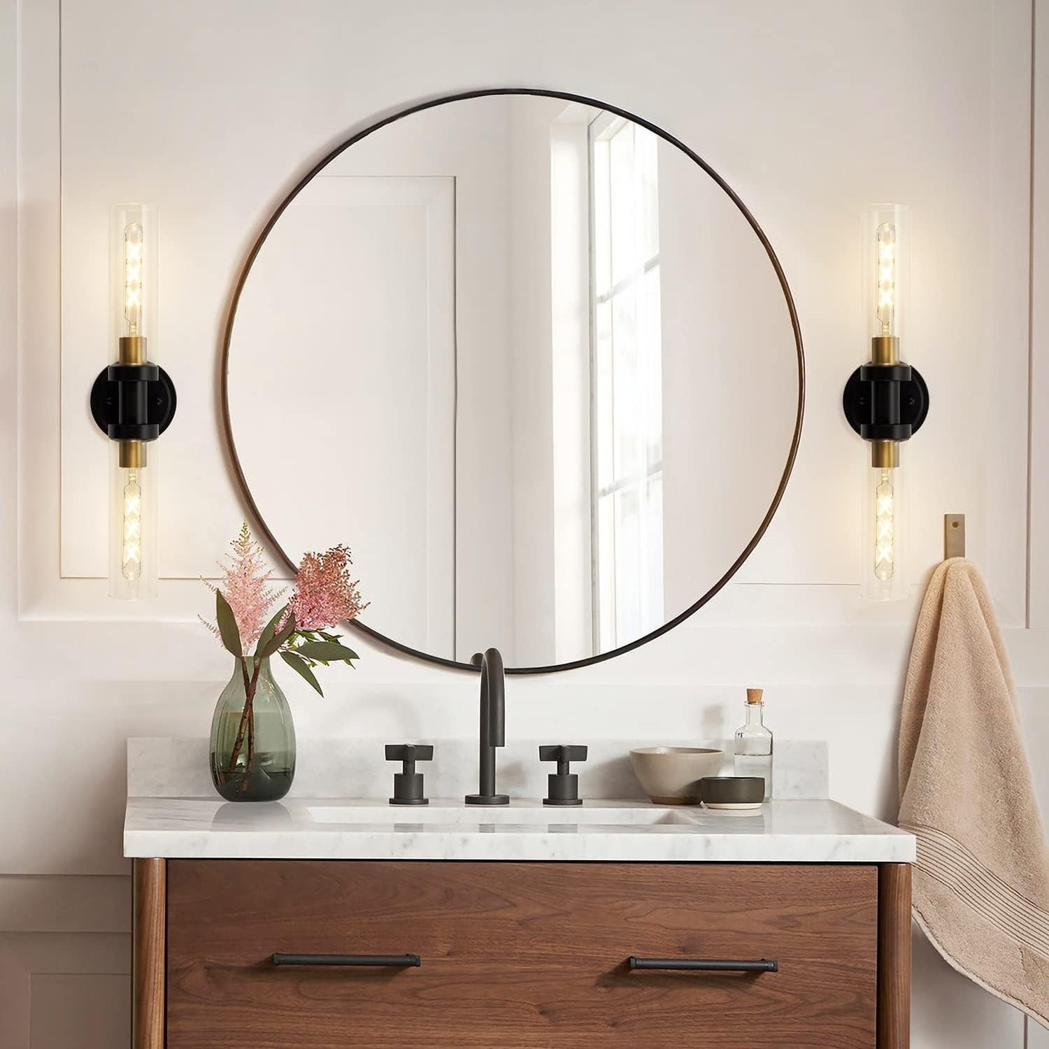 Bathroom Sconces Wall Lighting W/ Clear Glass, 2-Light Bathroom Vanity Light Fixtures, Modern Wall Lights for Mirror Living Room Hallway, Black and Gold Brushed Brass, E26 T10 Bulbs(Excluded)