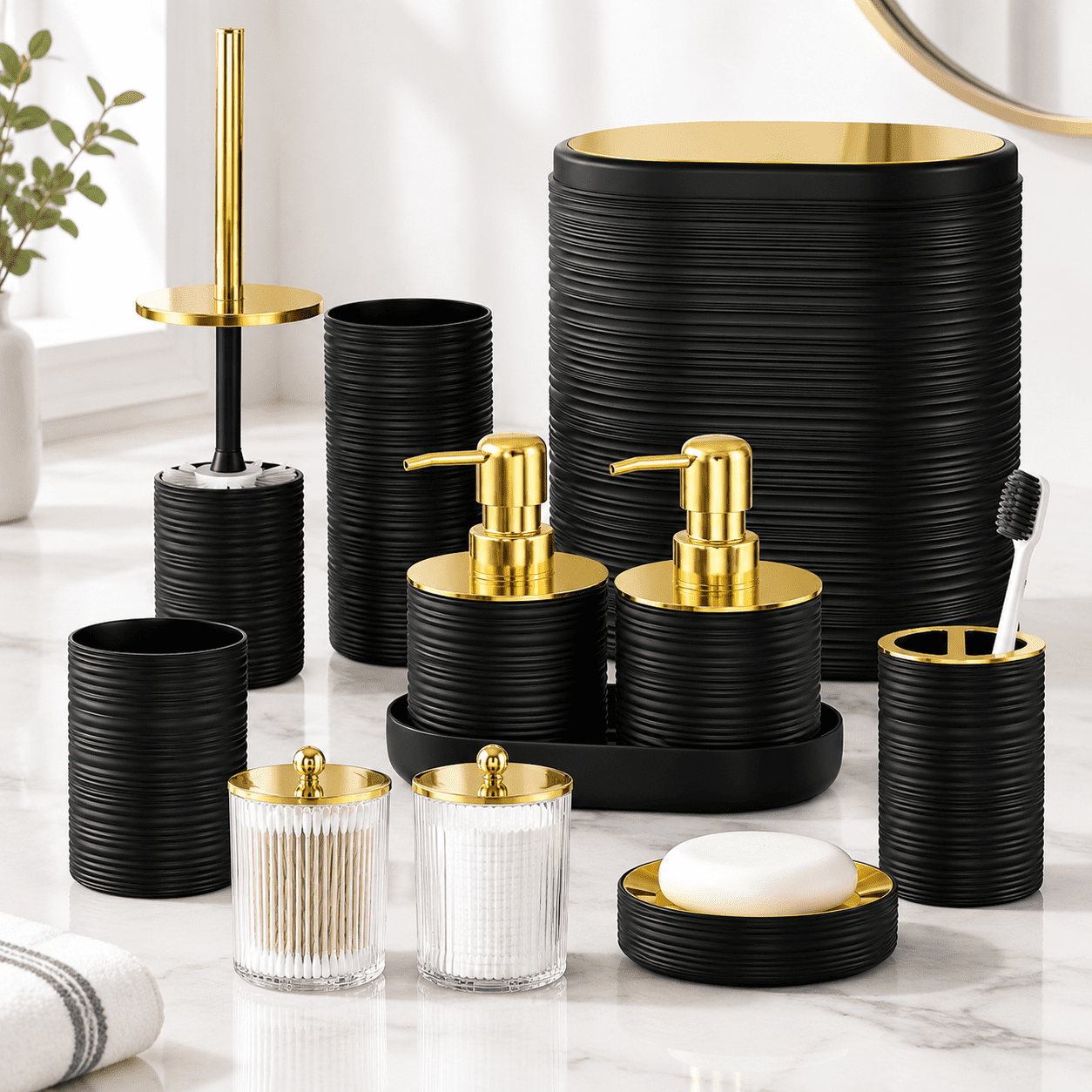 Tarsh Pc Bathroom Set 10pc Accessory Black Accessories And With Trash Can Soap ...
