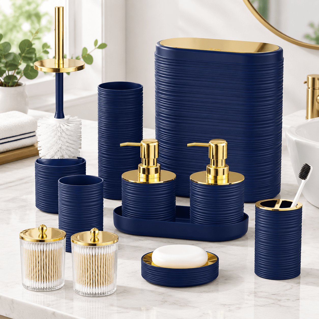 Tarsh Pc Bathroom Set 10pc Accessory Blue Accessories Navy And With Trash Can ...