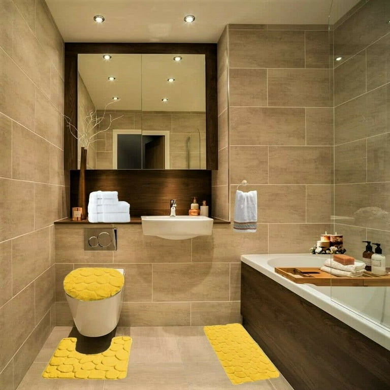 Bathroom Set 3 Piece Gold Rug Rock Desing Embossed Ultrasoft Anti