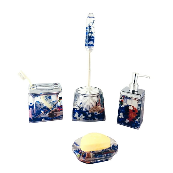 Bathroom Set 5-pc, Filled w/ Blue Flakes, Seashells & Starfish Toothbrush Holder, Toilet Brush Scrubber, Soap Dispenser, Soap Holder, Elegant Seashells & Starfish Decorative Toiletry Storage Set