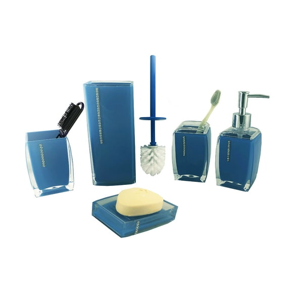 Bathroom Set 6-Piece Storage Set Deep Blue w/ Crystal Accents, Includes Hairbrush Holder, Toothbrush Holder, Toilet Brush Scrubber, Soap Dispenser, Soap Holder, Decorative Toiletry Storage Set