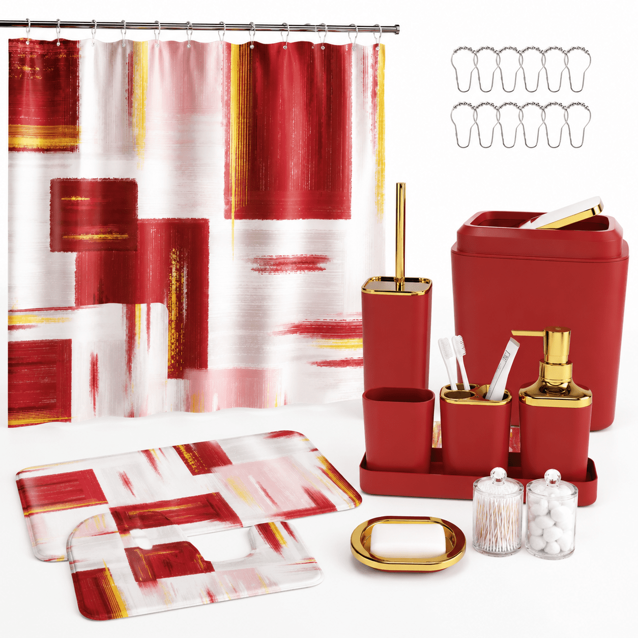 Bathroom Set - Burgundy Accessories Sets With Shower Curtain And Rugs
