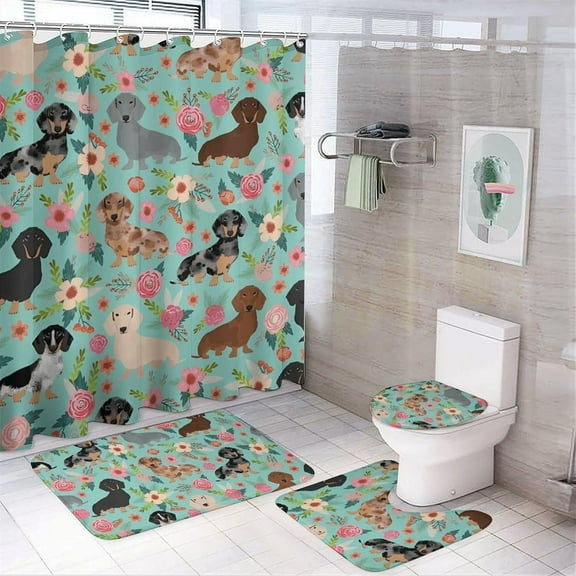 Bathroom Set,Dachshund Print Bathroom Rug Set,Bath Rug Set 4 Piece,Modern Shower Curtain Set with Shower Curtainand 12 Hooks