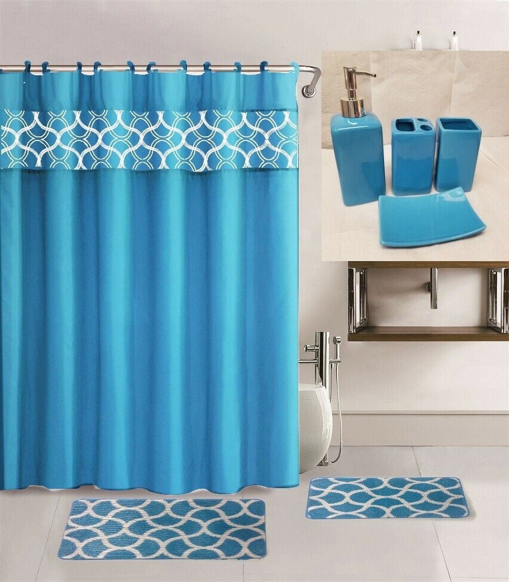Bathroom Set Geometric Turquoise Print Design 19 pieces With Non-Slip 2 Rugs, Bath Mat, Shower Curtain with 12 Hooks 72x72 inch, 4 Pieces Matching Ceramic Accesories for Bathroom
