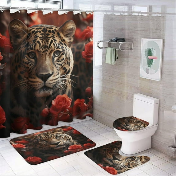 Bathroom Set, Red Rose and Tiger Printed Bathroom Set,Bathroom Set 4-Piece Set,Bathroom Set with Shower Curtain Sets and Carpet