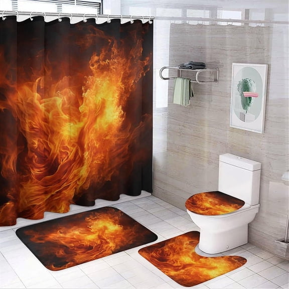 Bathroom Set, Roaring Flame Printed Bathroom Set,Bathroom Set 4-Piece Set,Bathroom Set with Shower Curtain and Carpet