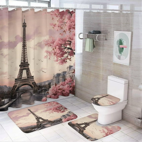 Bathroom Set, Romantic Paris Tower Printed Bathroom Set,Bathroom Set 4-Piece Set,Bathroom Set with Shower Curtain Sets and Carpet