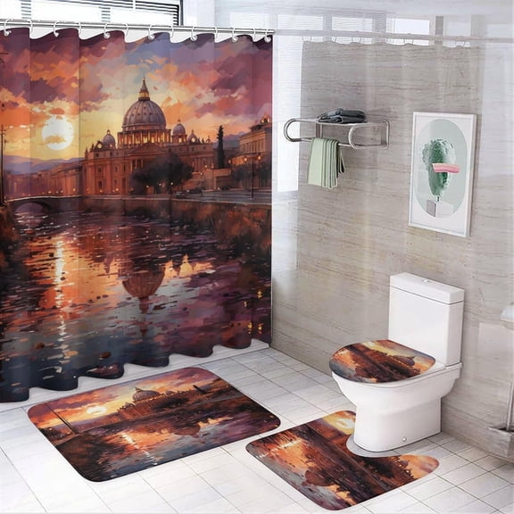 Bathroom Set, Rome Sunset Printed Bathroom Set,Bathroom Set 4-Piece Set,Bathroom Set with Shower Curtain Sets and Carpet
