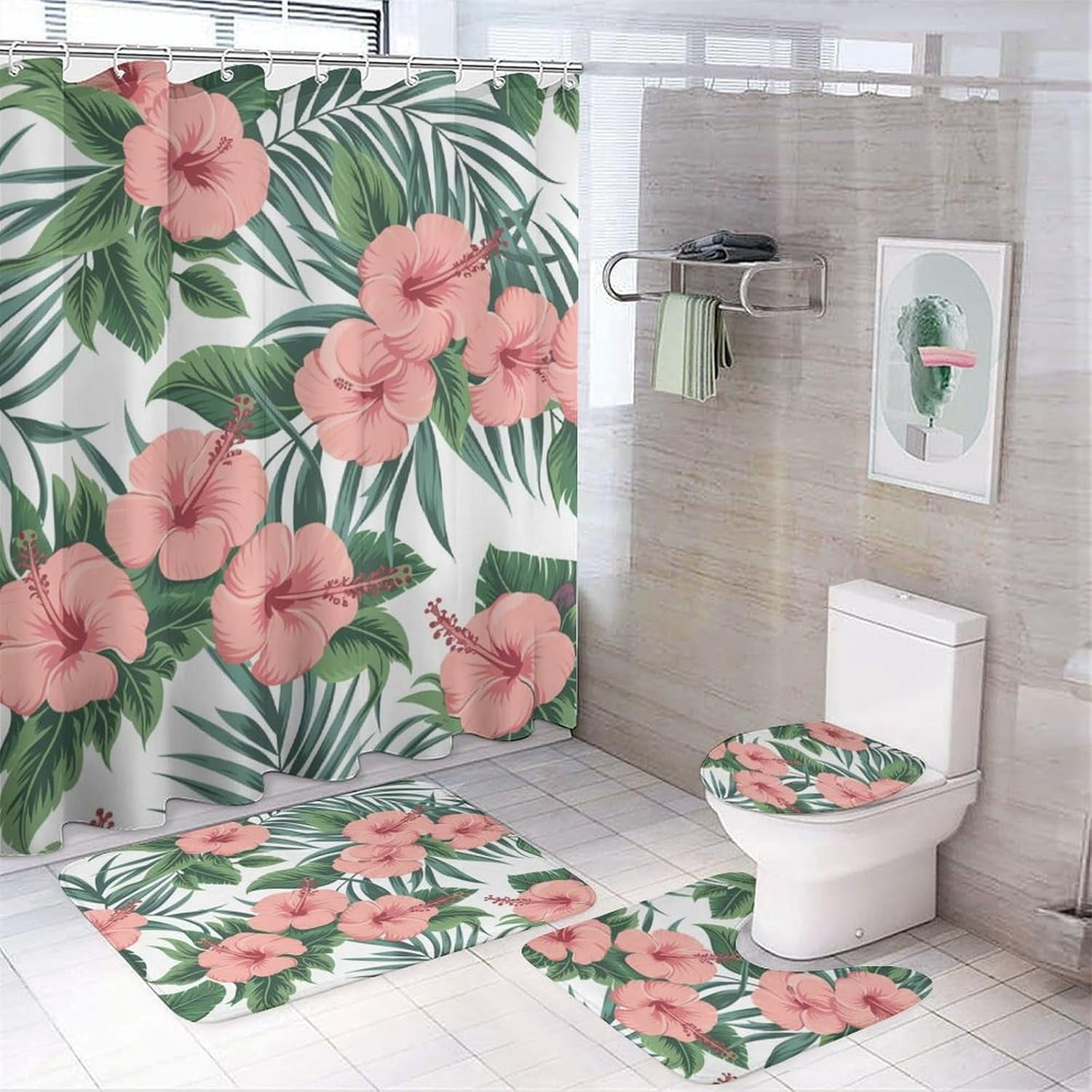 Bathroom Set with Shower Curtain Sets and Rug, Pink Hibiscus Flowers
