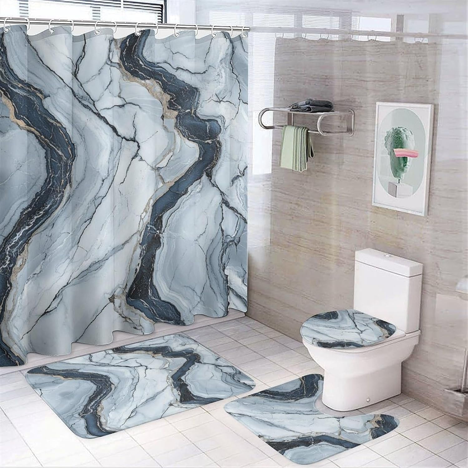 Bathroom Set with Shower Curtain sets and Rug, Green Leaf Pattern ...