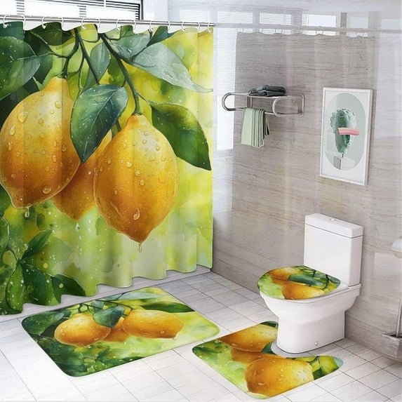 Bathroom Set with Shower Curtain sets and Rug, Green Leaf Pattern Printed on Bathroom Shower Curtain and Rug Set, Great for Master Bath Beach House Modern Home, 72 x 72 inches